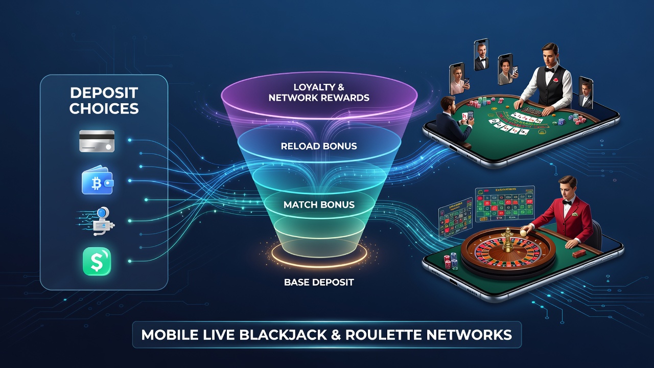 Mobile App-Oberfläche mit Bonusfortschritt und Einzahlungsoptionen für Live-Spiele