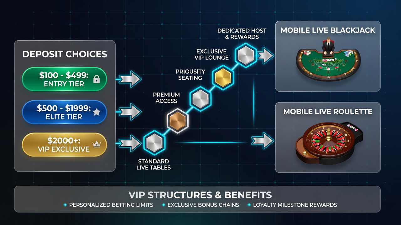 Illustration von progressiven Ketten in mobilen Roulette-VIP-Programmen mit Einzahlungsflüssen