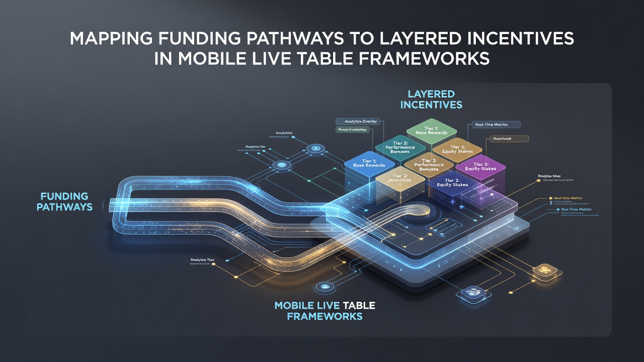 Übersicht über Finanzierungswege und gestaffelte Anreize in mobilen Live-Tisch-Frameworks mit Diagrammen zu Transaktionspfaden und Bonusstrukturen