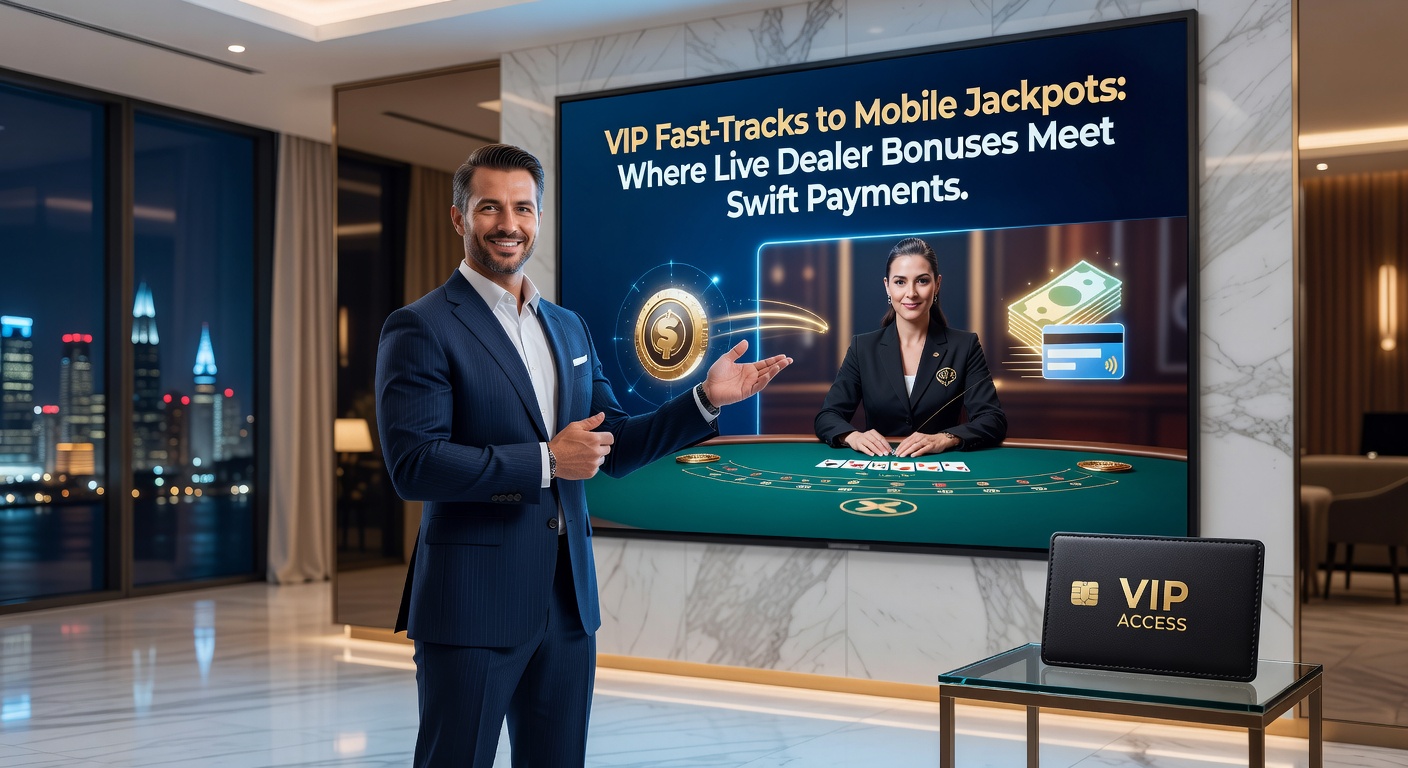 Smartphone mit leuchtendem Jackpot-Symbol und VIP-Zugang, umgeben von Live-Dealer-Tischen und schnellen Zahlungspfeilen